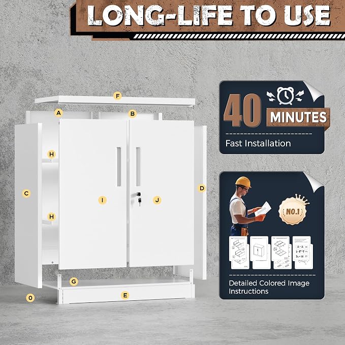 Metal Garage Storage Cabinet, 36" Locking Counter Cabinet with 2 Locking Doors and 2 Adjustable Shelves, Small Steel Cabinet for for Home Office, Gym, School(White)