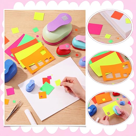 CHENGU 6 Pcs Square Punch Set 3in/2in/1.5in/1in/0.6in/0.3in Scrapbook Hole Punchers Crafting with 10 Sticker Paper Square Cutter Scrapbook for Office Supplies DIY Albums Photos(Multicolor)
