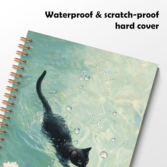 ROXMART Whimsical Funny Black Cat Spiral Notebook Journal, Cat Lover Mom Lady Owner Gifts, Cute Black Kitty Kitten in Water Lily Pond Hardcover Notebook Journal, 5.5x8.3 Inch
