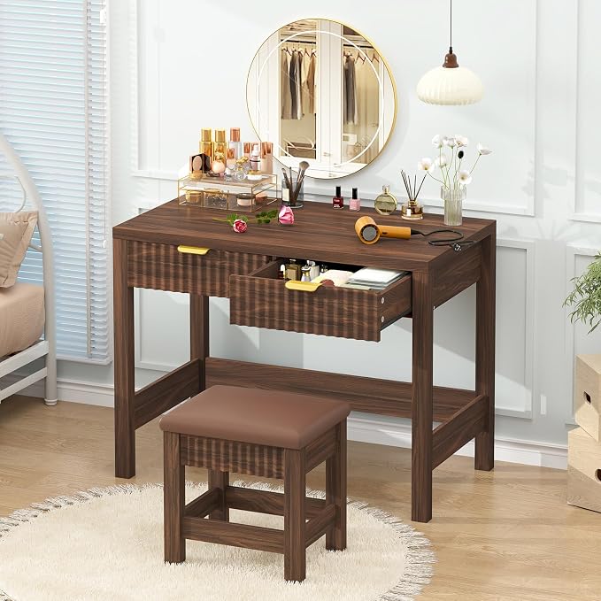 32 Inch Small Fluted Computer Desk with 2 Drawers & Stool for Bedroom | Small Wooden Computer Desk with Storage, Compact Writing Study Vanity Desk with Stool for Small Spaces, Walnut