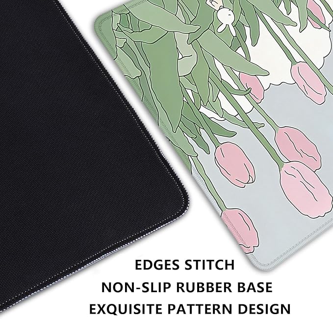 Tulip Flower Mouse Pads,Pink Mouse Pad for Woman,Large Desktop Mat for Keyboard and Mouse,XL Mousepad for Home Work Game(27.5X11.8 in)