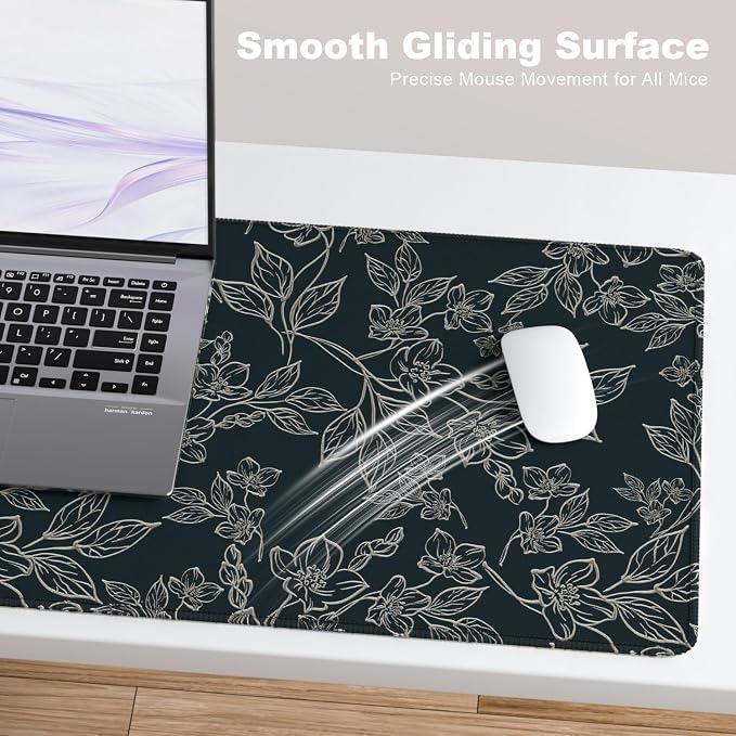 Desk Mat, Large Gaming Mouse Pad, 32" x 12", Retro Line Floral | Waterproof Desk Pad, Non-Slip Rubber Base, Desktop Mat with Stitched Edges, Desk Accessories for Office, Work, Home