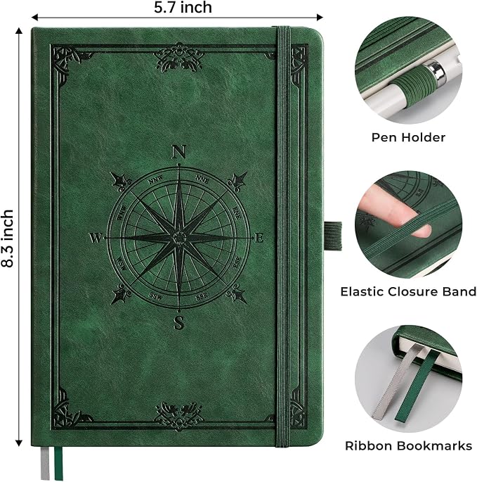 AHGXG Graph Grid Paper Notebook, 192 Pages, A5 Medium Size (5.7'' x 8.3'') | 5 Squares per Inch, Leather Hardcover, 100 GSM Thick Paper, for School, Students, Math, Engineering (Dark green)