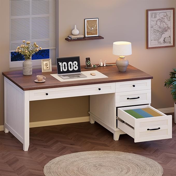 Garvee 53.5" Wooden Home Office Desk with File Drawers, Executive Desk with Power Outlet, Farmhouse Wood Desk with Storage, Distressed Study and Work Table, Rustic White