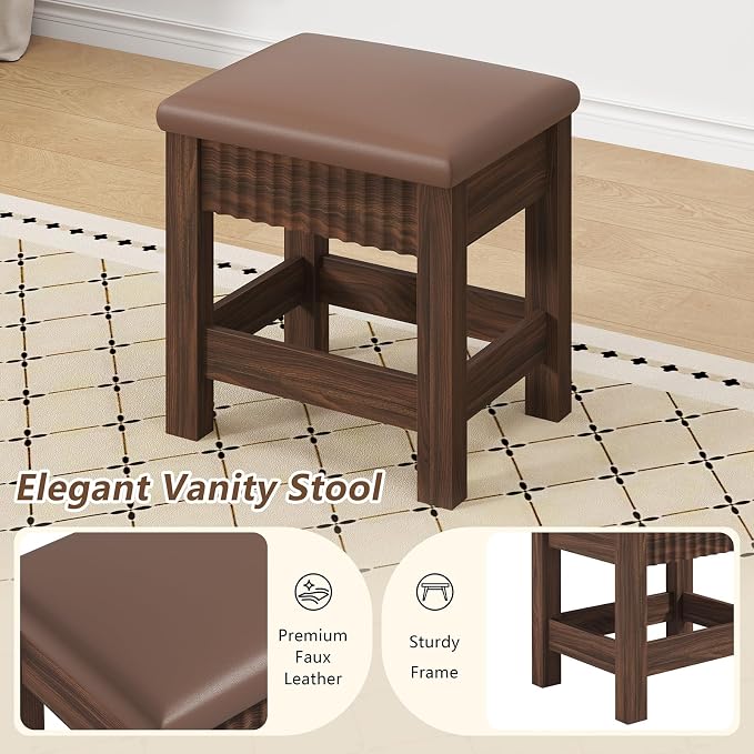 32 Inch Small Fluted Computer Desk with 2 Drawers & Stool for Bedroom | Small Wooden Computer Desk with Storage, Compact Writing Study Vanity Desk with Stool for Small Spaces, Walnut