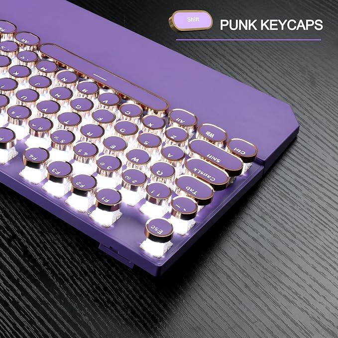 MageGee Typewriter Mechanical Gaming Keyboard, Retro Punk Purple Round Keycaps, 104 Keys LED White Backlit Wired Keyboards for Laptop MAC PC Gamer, with Magnetic Wrist Rest, Blue Switch