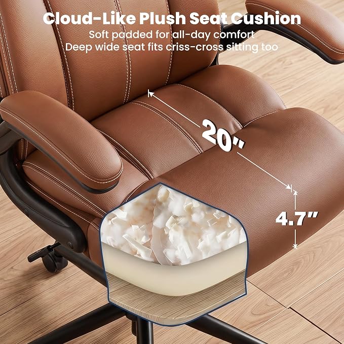 Ergonomic Office Chair, High Back Leather Executive Desk Chair | Inflatable Lumbar Support, Padded Arms for Elbow Comfort, Heavy-Duty Rocking Chair for All-Day Sitting, Plush Wide Seat Brown