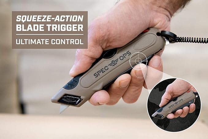 Spec Ops Tools Safety Knife Box Cutter, Includes Holster & Lanyard, 3% Donated to Veterans, black/tan