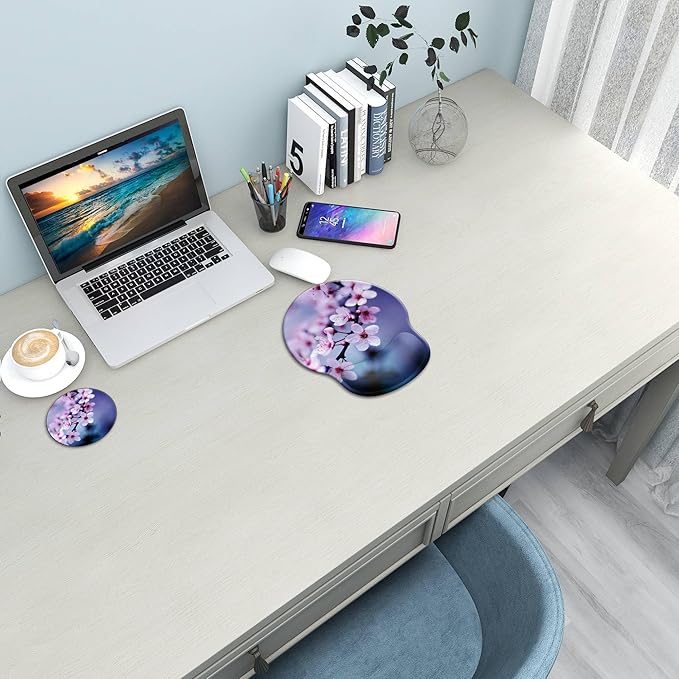 Ergonomic Mouse Pad with Wrist Support Rest,Large Mousepad Gel Wrist Rest, with Coaster Non-Slip & Pain Relief for Computer, Desk, Home&Office-Cherry Blossom