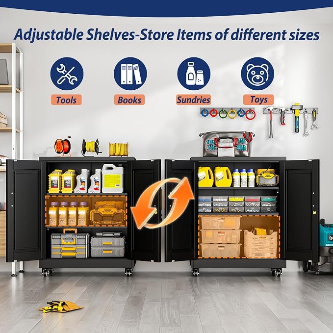 PAOFIN Metal Storage Cabinet-35” Tall Steel File Cabinets with Lockable Doors and Adjustable Shelves, Steel Tool Cabinet with Wheel for Home, School, Office, Garage Black