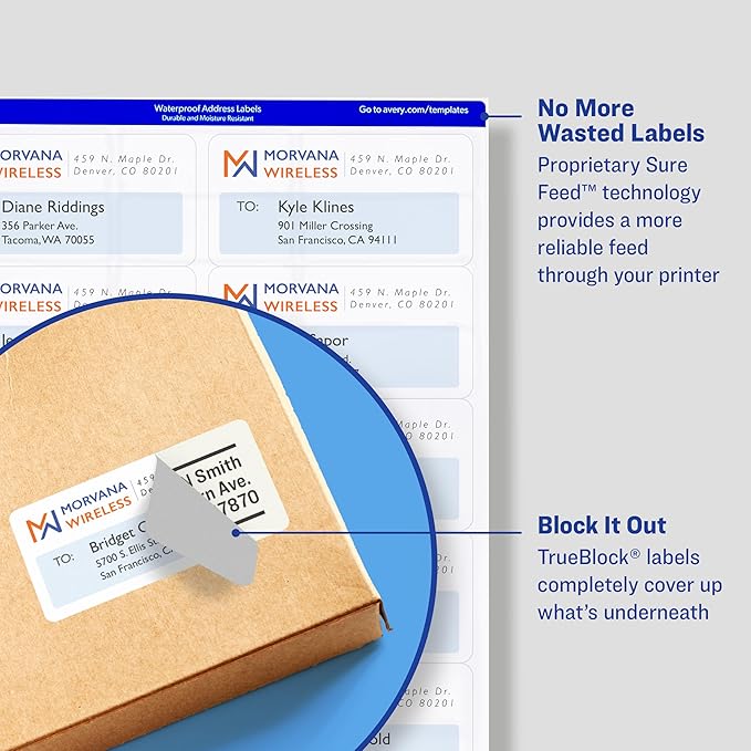 Avery TrueBlock Shipping Labels, Sure Feed, Permanent, 3-1/3" x 4", White, 2 Pack, 120 Labels Total (32134)