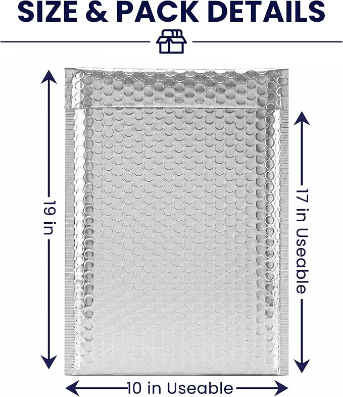 Waterproof Insulated Foil Thermal Bubble Mailers 10x17, 200-Pack | Ideal for food, skincare, cosmetics & perishables. Tear-resistant metallic lining protects temperature-sensitive items.