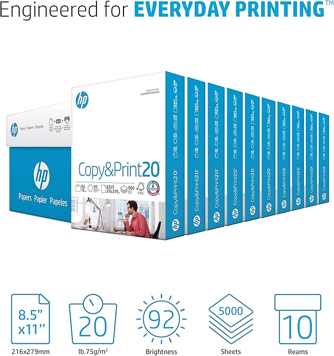 HP Printer Paper | 8.5 x 11 Paper | Copy &Print 20 lb | 10 Ream Case - 5,000 Sheets | 92 Bright | FSC Certified | 200060C