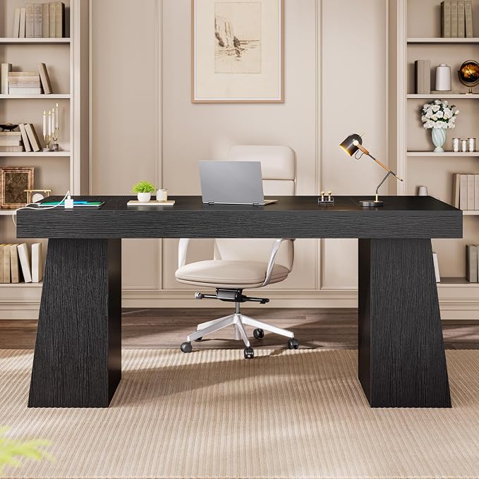 55.9 in Executive Desk with Power Outlets, Modern Home Office Desk with Storage Shelves, Wood Computer Desk Business Workstation Desk Conference Table, Black (Storage Shelves)