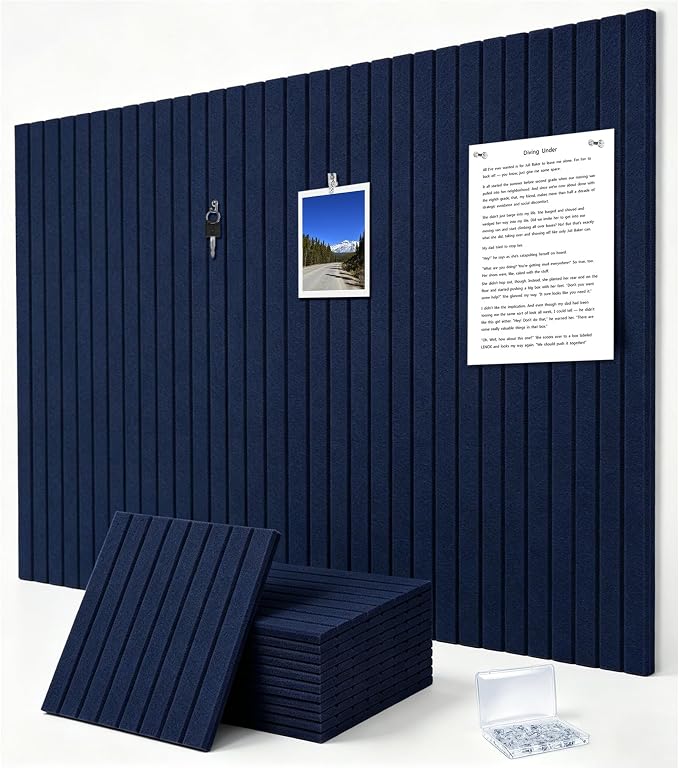 0.47" Thick Felt Pin Board 48"x36" Large Cork Board Alternative 12 Pack 11.81"x11.81"Felt Bulletin Board Wall Tiles Notice Board with 60 Pushpins for Home Office School(Fine-Dark Blue)
