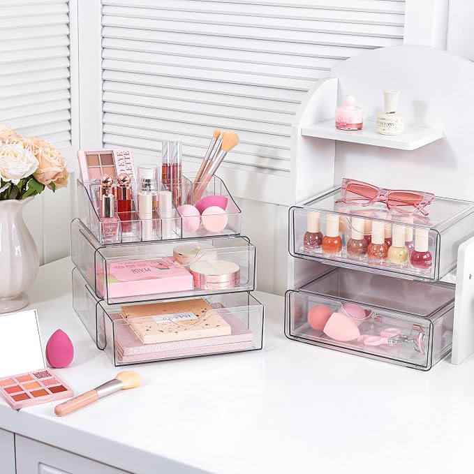Vtopmart 5 Tier Clear Makeup Organizer with Drawer, Cosmetic Storage for Dresser Countertop and Bathroom Vanity, Beauty Holder for Lipstick Brush Skincare | Smart Storage Layout, Clear for Better Visibility, Stackable, Large Capacity, for Makeup Lipsti...
