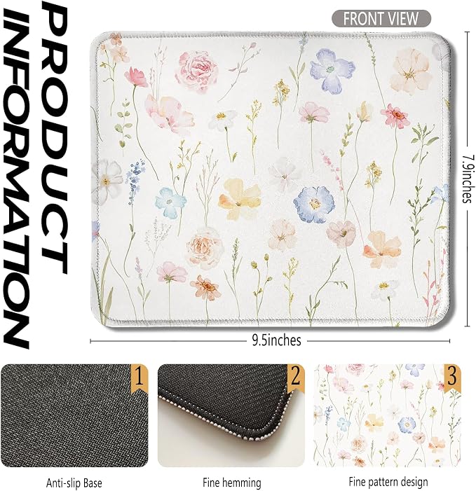 Flower Watercolor Wildflower Mouse Pads for Wireless Mouse Computers Laptop Desk Accessories, Cute Aesthetic Mouse Pad, Desk Supplies for Women Office, 9.5x7.9 Inch
