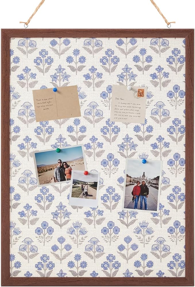 Leinuosen 17 x 23 Cork Board for Walls Decorative Floral Cork Boards with Blue Flower Small Linen Bulletin Board Framed with Pins for Home Room School Office Decor