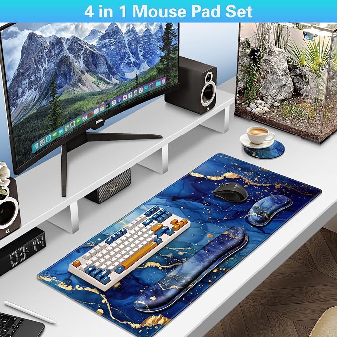 Canjoy Desk Mat with Wrist Rest, Desk Pad for Keyboard and Mouse 4-in-1 Mouse Pad + Keyboard Wrist Rest Support+ Coaster(35.4×15.7 in) Extended Desk Pad Memory Foam Non-Slip Desk Mat for Home Office