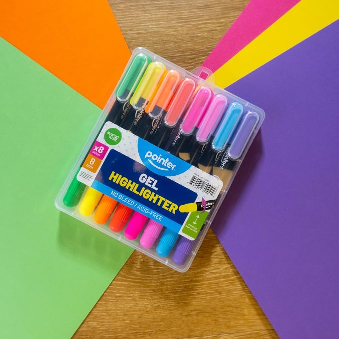 Pointer Highlighter School Set -Journaling Highlighters- 8 Count,Multicolor | Twistable Smooth Design, Paper-Safe, No-Bleed, Smear Resistant, Smooth Glide, 8 mm Tip, Plastic Storage Case
