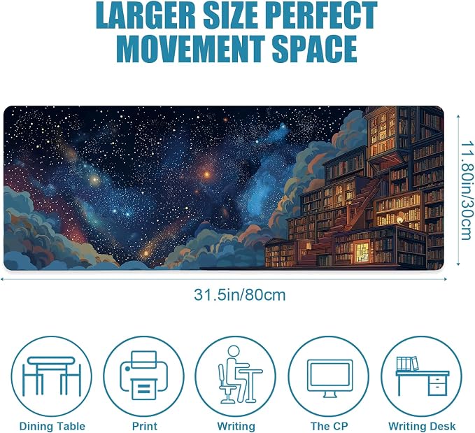 Starry Sky Large Mouse Pad, Desk Mat, Big Gaming Mousepad, XL Extended Laptop Desk Pad with Stitched Edges Non-Slip Rubber Base, Computer Keyboard Mat for Office Home, 31.5x11.8in, Bookshelf