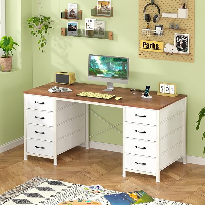 50 Inch Computer Desk with 8 Drawers for Home Office, Bedroom, Living Room | Home Office Desk with Power Outlets, Work Study Gaming Desk with 8 Fabric Drawers, Brown & White