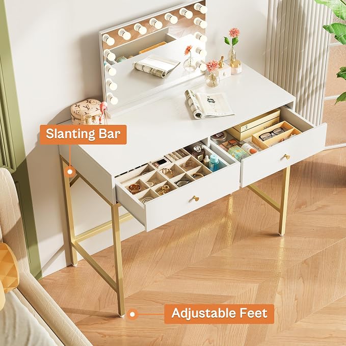 SUPERJARE 31.5" White and Gold Desk with 2 Drawers, Modern Vanity Desk | Small Makeup Table for Home Office Writing Study Bedroom