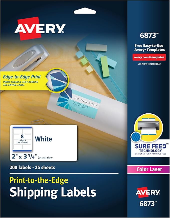 Avery Print-to-the-Edge Printable Shipping Labels, 2" x 3.75", Matte White, Sure Feed Technology, Laser & Inkjet Compatible, 200 Blank Labels, Great for Mailing, Branding, and More (6873)