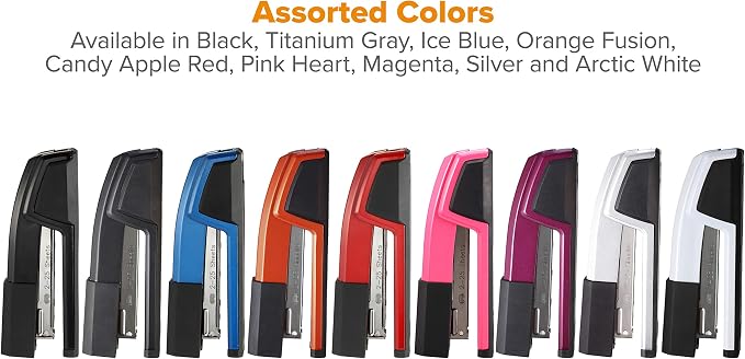 Bostitch Office Epic Metal Desk Stapler, 25 Sheet, Staple Remover, Purple | Die-cast body opens 180 degrees for bulletin boards, with a temporary stapling option and a hidden slot for backup fasteners.