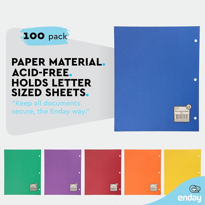 Paper Folders with Pockets (100 Pack) Assorted Colors - Letter Size Two Pocket Folder, Premium Quality Bulk - Purple, Blue, Green, Red, Yellow, Orange & Black, by Enday