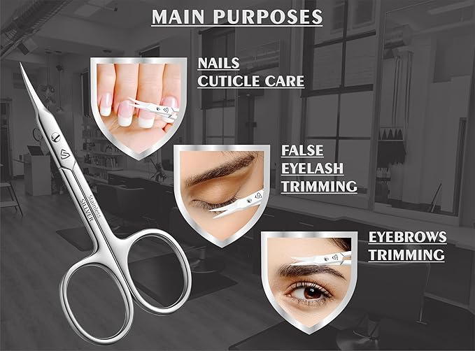 SILLVER Cuticle Scissors Curved Blade - Extra Fine Pointed Tip Professional Manicure Grooming Scissors for Cuticles, Beard, Nose Hair, Eyelash, Mustache - Eyebrow Scissors