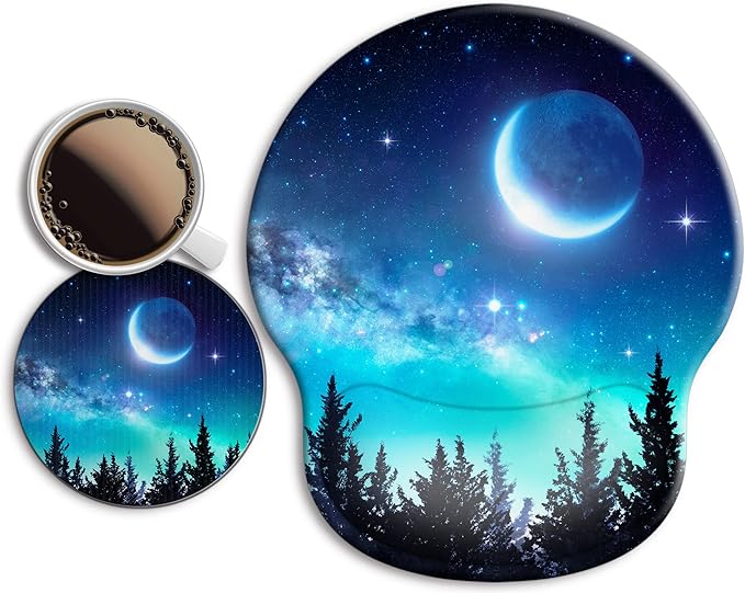 Ergonomic Mouse Pad with Wrist Support Rest,Large Mousepad Gel Wrist Rest, with Coaster Non-Slip & Pain Relief for Computer, Desk, Home&Office-Forest Moon