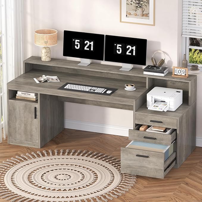 65" Computer Desk with 3 Drawers & Printer Shelf for Home Office | Office Desk with Printer Shelf & File Drawer, Executive Desk Writing Study Table with Monitor Stand, Grey