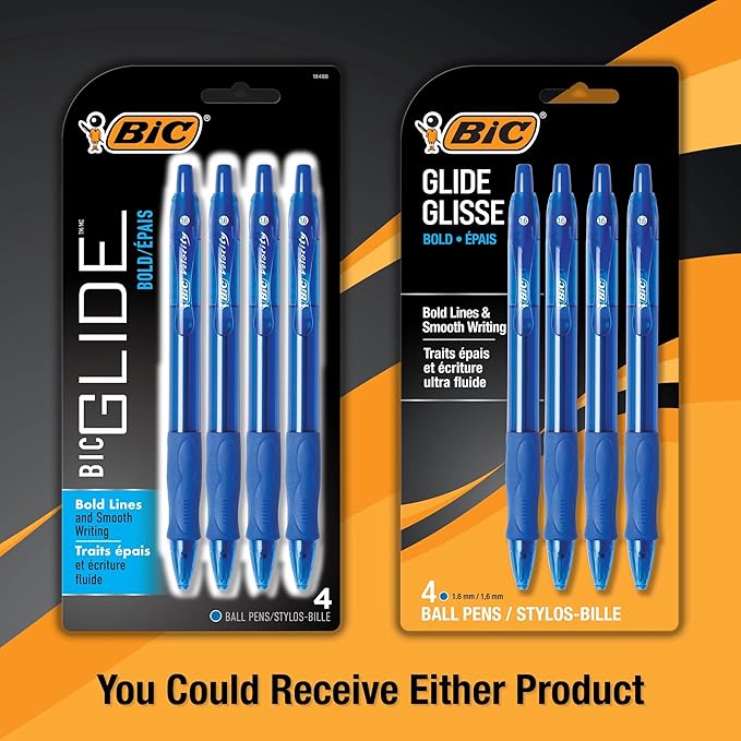 BIC Glide Bold Blue Ballpoint Pens, Bold Point (1.6mm), 4-Count Pack, Retractable Ballpoint Pens With Comfortable Full Grip