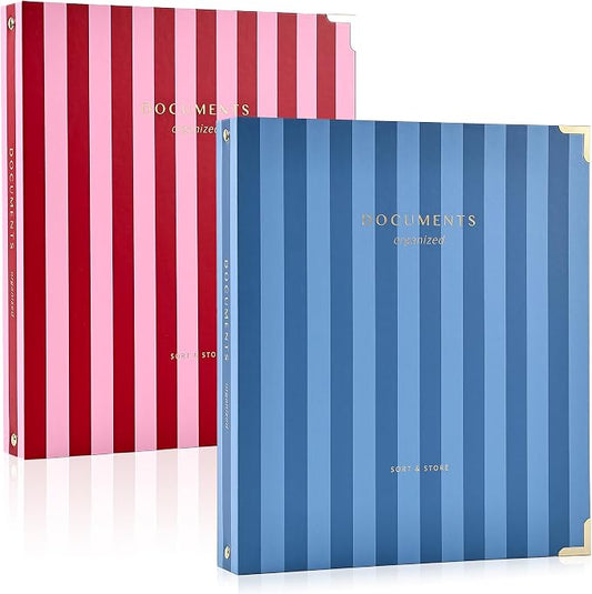Aesthetic 3 Ring Binder Set of 2 - Sturdy 1 Inch Binder Fits Letter Sized Paper - Striped Three Hole Ring Holder for Women or Men with Pocket Easily Organizes Your Paperwork for School, Office or Work
