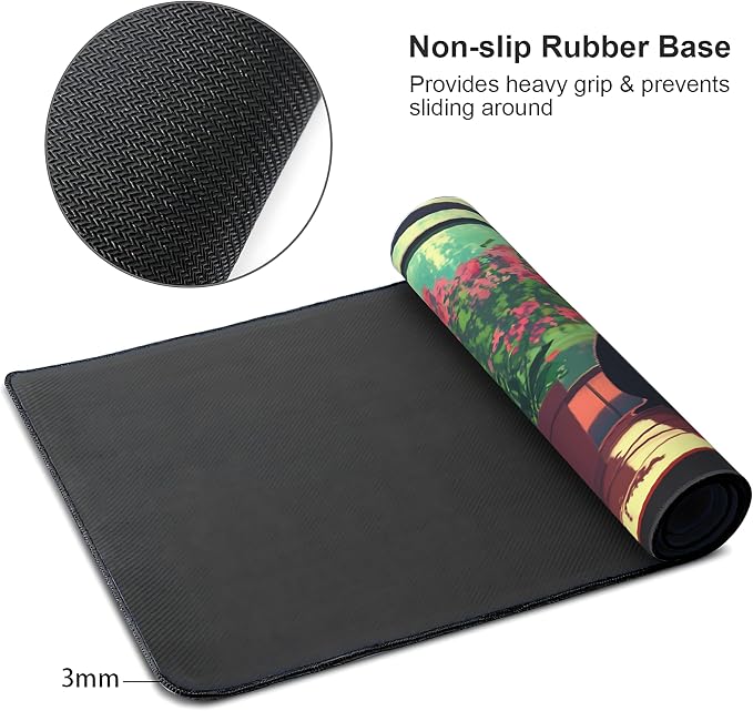 Cute Anime Black Cat Gaming Mouse Pad, Forest Green Anime Desk Mat with Anti-Slip Base & Stitched Edges,35.4" x 15.7" in Desk Accessories for Women, Home Office Decor & Artistic Gift