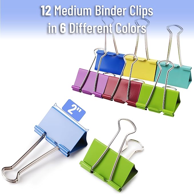 Mr. Pen- Metal Binder Clips, 12 pcs, 2 Inches, Extra Large Size, Colored Binder Paper Clips, Paper Clamps for Office Supplies, Home, School, Business, Document Organizing