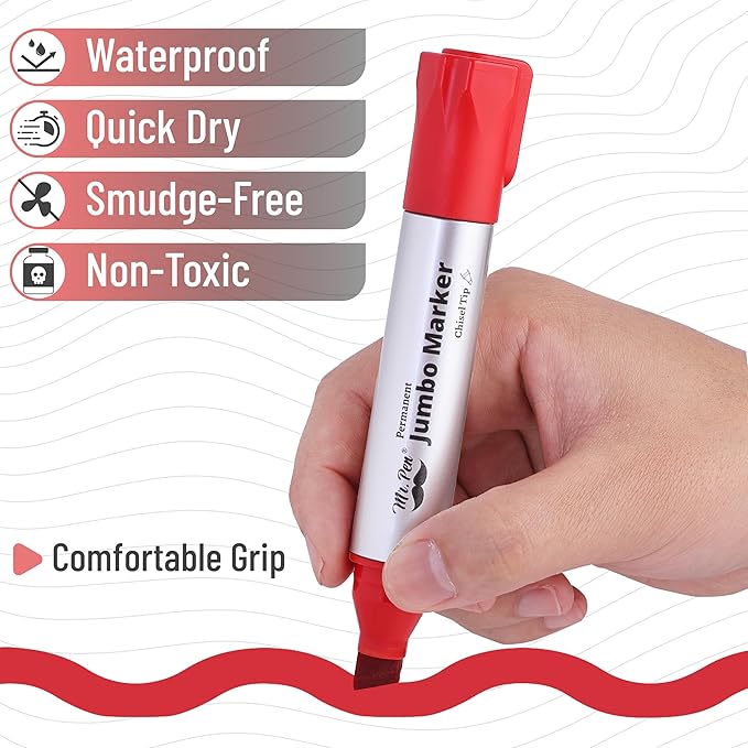 Mr. Pen- Jumbo Permanent Markers, 4 Pack, Red, Chisel Tip, Large