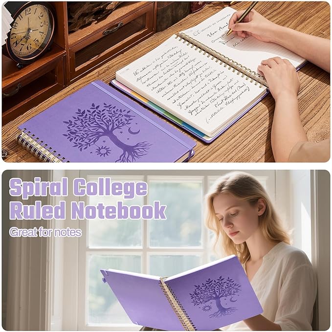 Hardcover Spiral Notebook 8.5" x 11" with 5 Removable Dividers 300 Pages Leather 5 Subject Notebook College Ruled 100GSM Large Spiral Notebooks for Work Thick Lined Journal for Women, Purple