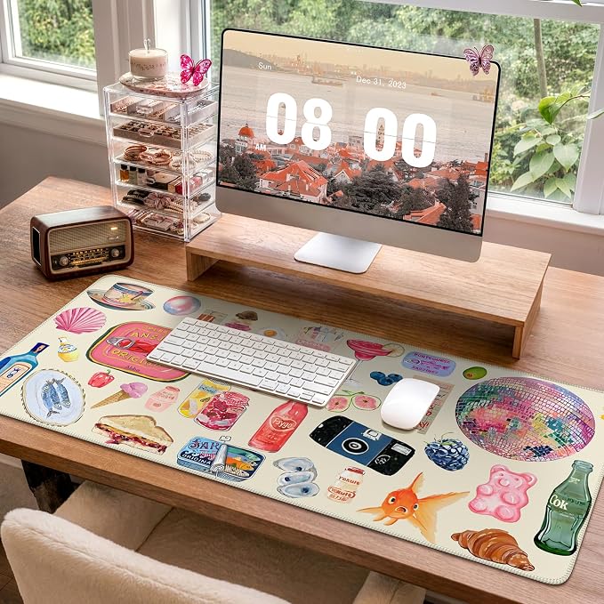 iCasso Cute Desk Mat, Large Mouse Pad, 35.4x15.7in, Watercolor Stickers