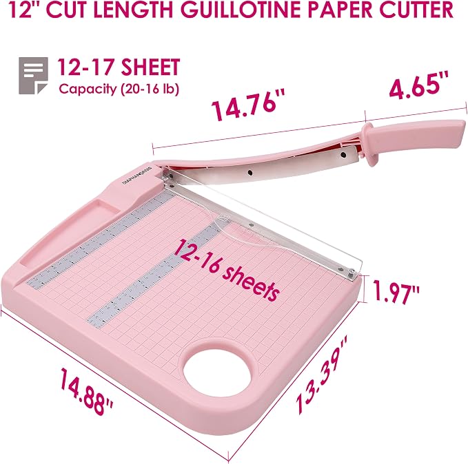 12" Paper Cutter, Precision Cut with Safety Protection and Blade Lock, 12 Sheet Capacity, Great for Cardstock, Cardboard, Photo, Vinyl, Crafts, Scrapbook (Pink)