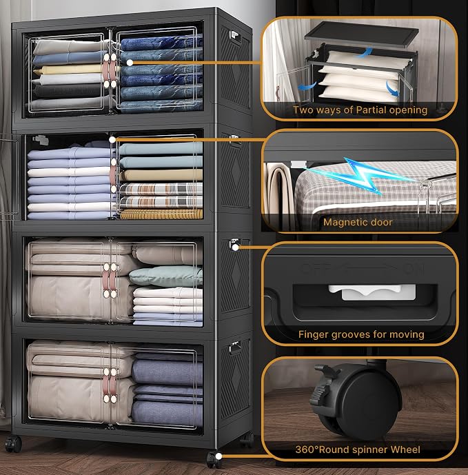480QT Stackable Storage Bins with Lids, Doors & Wheels | Closet Organizers and Storage Cabinet , Lockable Plastic Foldable Drawers for Bedroom Dorm Office Garage（120QT*4,Black）