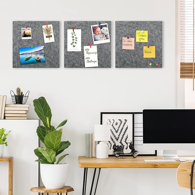AKTOP Cork Bulletin Board 12x12, 1/2" Thick Felt Cork Board Tiles 6 Pack, Small Square Pin Board for Wall, Self Adhesive Corkboards with 60 Push Pin Wood Clips for School, Home & Office, Grey