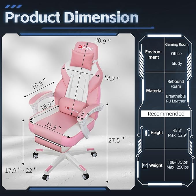 Video Gaming Chairs for Adults, Gamer Chair with Footrest, High Back, Big and Tall Gamer Chair‘s with Massage Lumbar Support, 360° Swivel Height Adjustable Computer Chaires, Pink