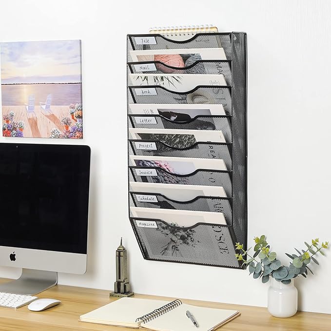 PAG Hanging Wall File Holder Organizer Mail Sorter Literature Rack for Office, 8 Pockets, Black