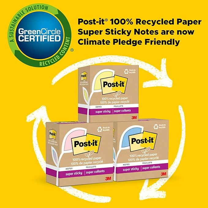 Post-it 100% Recycled Paper Super Sticky Notes, 2X The Sticking Power, 4x4 in, 3 Pads, 70 Sheets/Pad, Oasis Collection (675R-3SST) (Pack of 2)