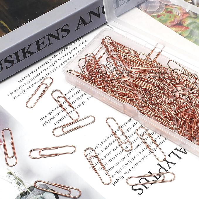 Luomorgo 120 Pcs Rose Gold Paper Clips - 1.3 Inch (33mm) Vinyl Coated Metal Paperclips for Office, School, Home, Bookmark & Document Organizer