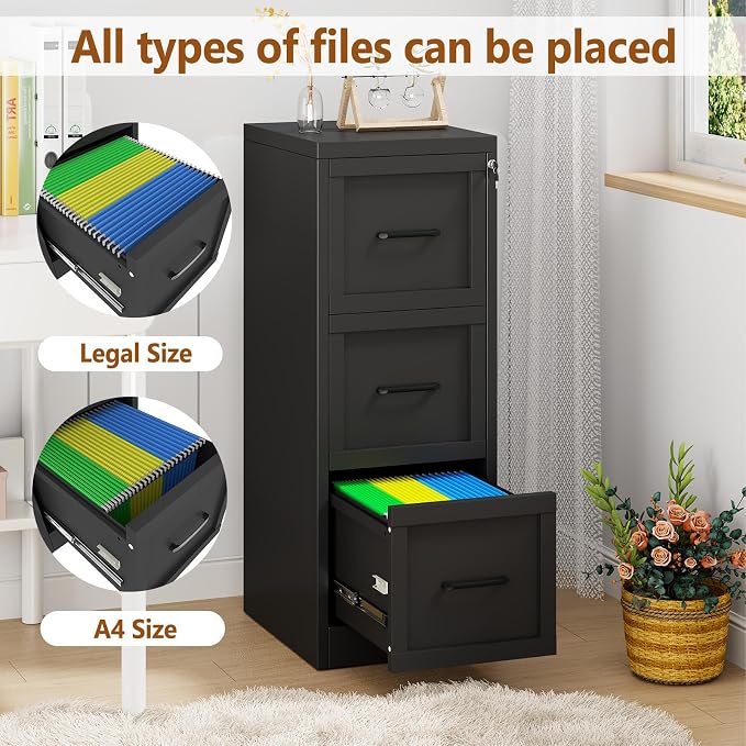 3 Drawer Metal File Cabinet with Lock,Narrow Vertical Filing Storage Cabinets,Steel File Organization for Legal/Letter/A4/F4 Size with Hanging Files,Lockable File Folders for Home Office, Black