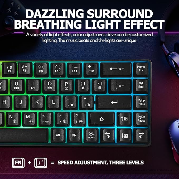 Wired Portable 60% Mechanical Feeling Gaming Keyboard,RGB LED Backlit Compact 68 Keys Mini Wired Office Keyboard for Windows Laptop PC Mac Gamer, Typist, Travel on Business Trip- Black