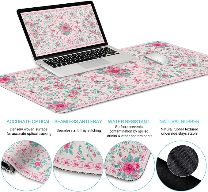 LIMKRIAN Pink Floral Desk Mat, Ergonomic Mouse Pad Set with Wrist Rest | Non-Slip PU Base, Stitched Edges, Keyboard Wrist Rest Ease Pain, Ideal For Office/Gaming, Cute Home Office Decor for Women